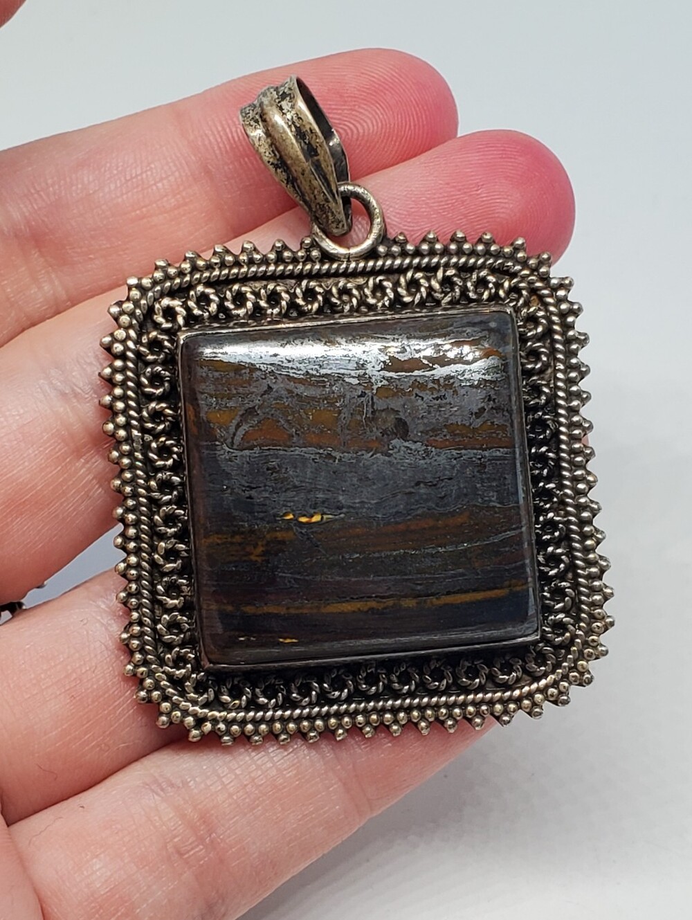 Tiger Iron Sterling Silver Square Pendant